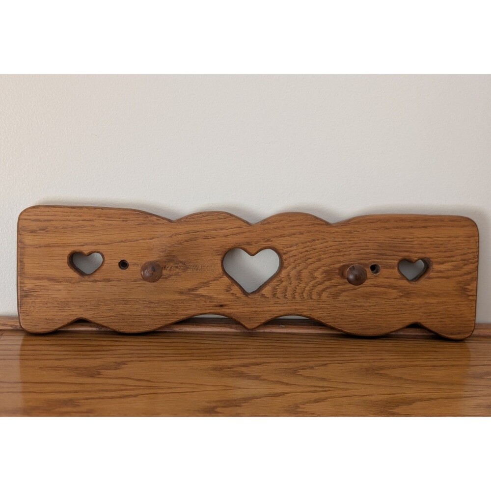 Vintage Wood Oak Heart Wall Hanging Peg Shelf Coat Rack 2 Pegs 17” Cottage Core